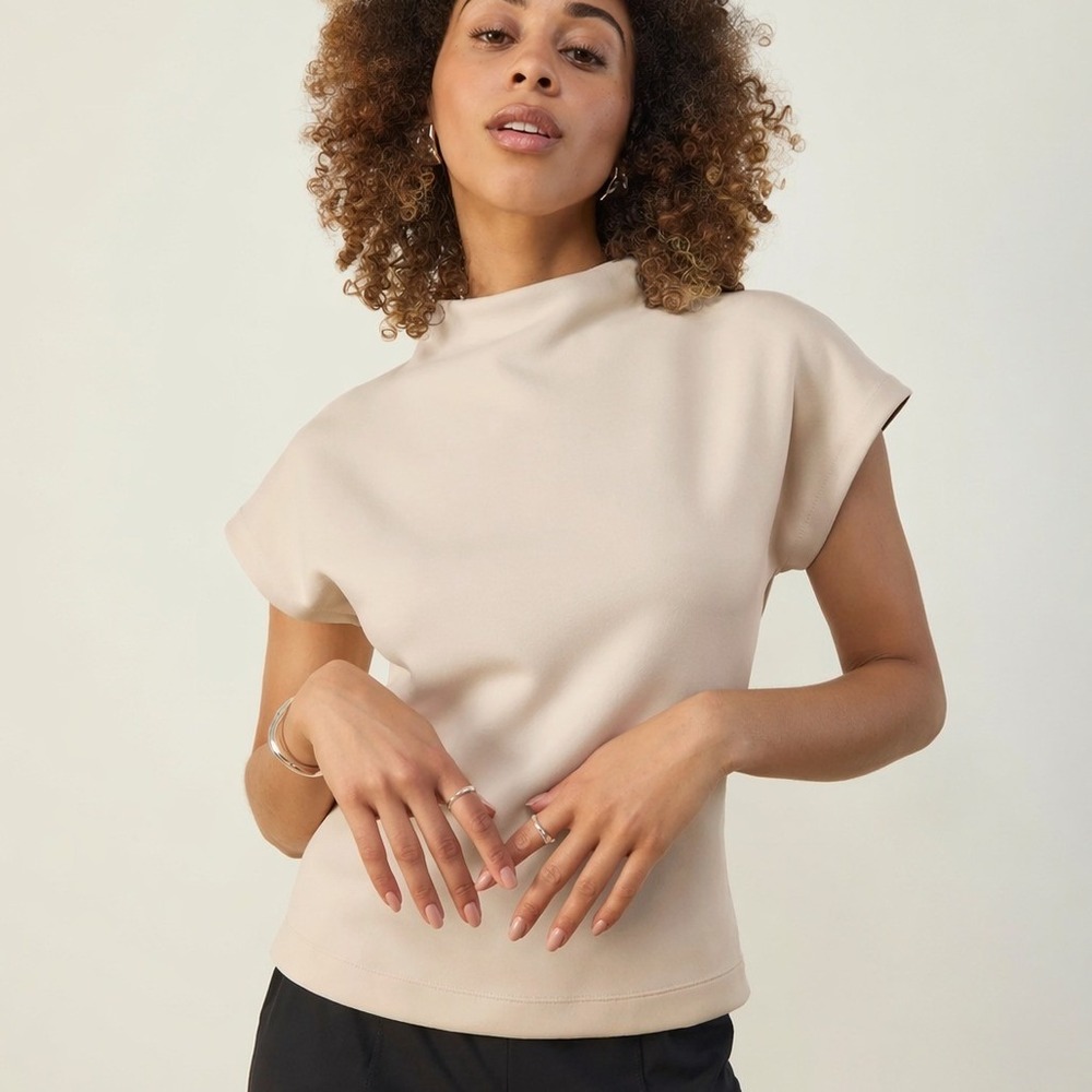 Aday Beige Cap Sleeve Mock Neck Top Scuba Stretch Sand Size XL
